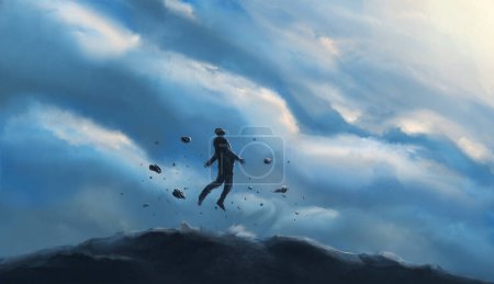 Photo for Man silhouette jumping, bounce from mountain with stone and sky. Digital hand painted background - Royalty Free Image