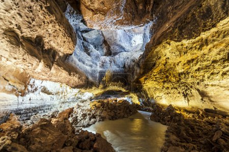 Photo for Stunning Verdes Cave with colorful illumination, Lanzarote, Canary Islands, Spain - Royalty Free Image