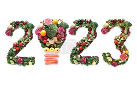 2023 made of fruits and vegetables including a light bulb icon