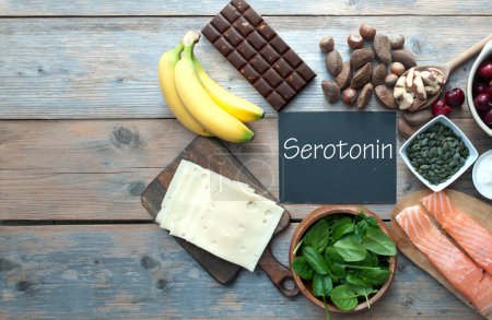 Foto de Serotonina, concepto de comida de buen humor, incluyendo nueces brasileñas, chocolate negro, cerezas y salmón - Imagen libre de derechos