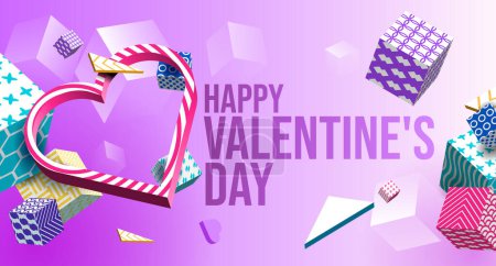 Photo for Valentines Day Banner 3D Heart, Colorful Cubes, Triangle. Abstract Geometric Background. Postcard, Love Message, Greeting Card. Place For Text. Ready For Your Design, Advertising. Vector Illustration - Royalty Free Image