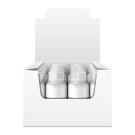 Foto de Mockup 3D Display Holder Box Cartón relleno en blanco con botellas, latas, frascos. Cosméticos, Vitaminas, Suplementos nutricionales. Prepárate, Plantilla. Mock Up embalaje. - Imagen libre de derechos