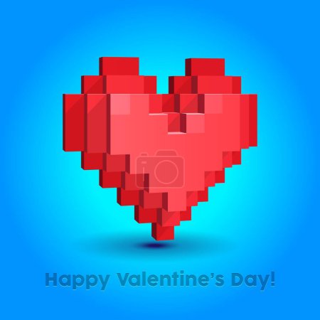 Photo for Happy Valentines Day Banner Pixel Art 3D Red Heart On Blue Background. Postcard, Love Message or Greeting Card Valentines Day. Template, Illustration Ready For Your Design, Advertising. Vector. - Royalty Free Image