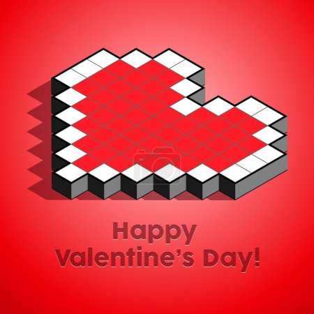 Foto de Happy Valentines Day Banner Pixel Art 3D Heart On Red Background. Postcard, Love Message or Greeting Card. Template, Illustration Ready For Your Design, Advertising. Vector. - Imagen libre de derechos