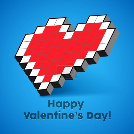 Photo for Happy Valentines Day Banner Pixel Art 3D Red Heart On Blue Background. Postcard, Love Message or Greeting Card. Template, Illustration Ready For Your Design, Advertising. Vector. - Royalty Free Image