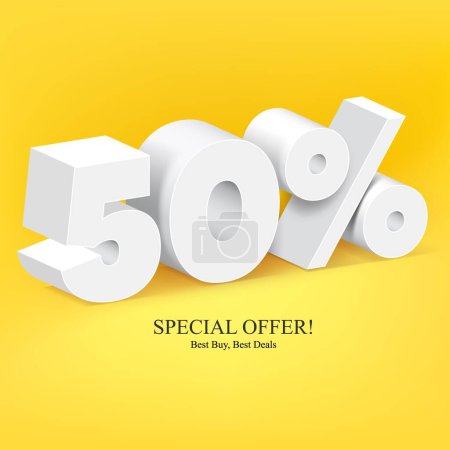 Photo for 3D White Number 50 Off Special Offer Digits Banner, Template Fifty Percent. Sale, Discount. Illustration On Yellow Background. Ready For Your Design. Vector illustration - Royalty Free Image