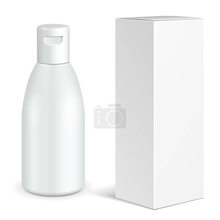 Foto de Mockup Plastic Bottle Cosmetic, Hygiene, Medical Of Gel, Liquid Soap, Lotion, Cream, Shampoo With Box. Grayscale Mock Up Ready For Your Design. Illustration Isolated On White Background. - Imagen libre de derechos