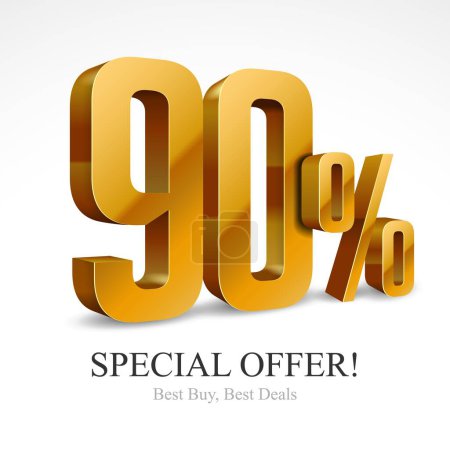 Photo for 90 Off Special Offer Gold 3D Digits Banner, Template Sale Ninety Percent. Icon, Discount. Glossy Vector Numbers. Illustration Isolated On White Background. - Royalty Free Image