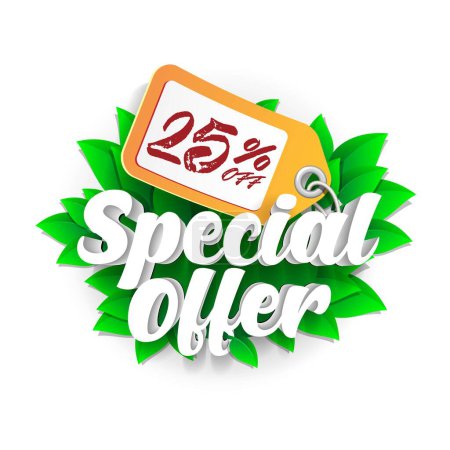 Photo for Special Offer Label Price 25 3D Green Digits Banner, Template. Leaves, Summer, Spring, Season Sale, Discount. Grayscale, Numbers. Illustration Isolated On White Background. - Royalty Free Image