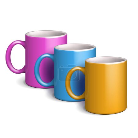 Photo for Mockup Blank Colored Cup Mug Yellow, Blue, Pink, Violet Porcelain, Ceramics Isolated On White Background. Mock Up Template For Branding. Photorealistic Illustration. Ready For Your Design. Vector. - Royalty Free Image