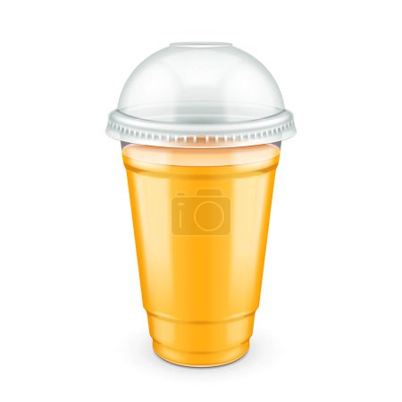 Photo for Mockup Filled Disposable Plastic Cup With Lid. Orange, Apricot, Mango, Fresh Drink. Yellow, Orange Juice. Transparent. Illustration Isolated On White Background Mock Up Template For Your Design. - Royalty Free Image
