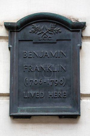 Plaque on the exterior of Benjamin Franklin House on Craven Street in London, marking where Franklin, one of the founding Fathers of the USA, once lived.