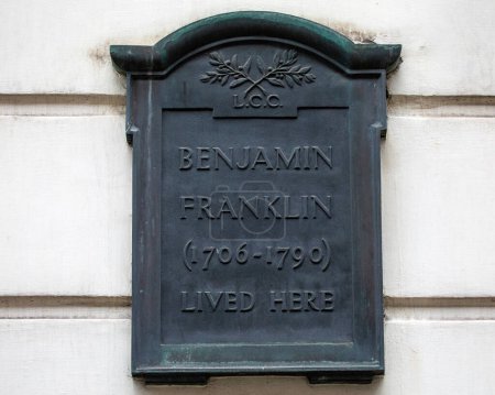 Plaque on the exterior of Benjamin Franklin House on Craven Street in London, marking where Franklin, one of the founding Fathers of the USA, once lived.