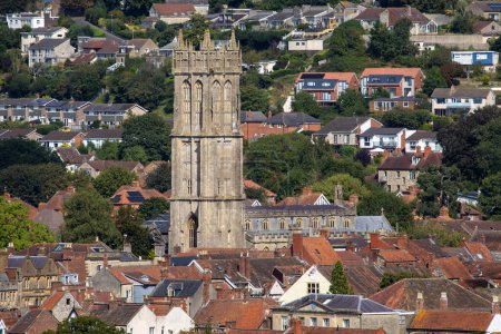 View from Wearyall Hill of the church of St. John the Baptist in the historic town of Glastonbury in Somerset, UK.