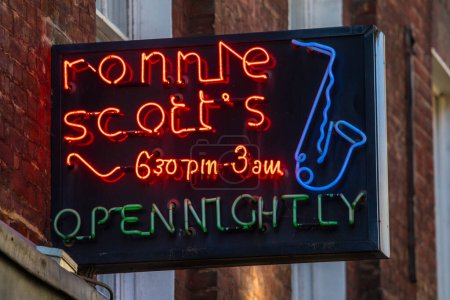 Photo for London, UK - January 15th 2024: The neon sign on the exterior of Ronnie Scotts - a jazz and blues bar located on Frith Street in the Soho area of London, UK. - Royalty Free Image