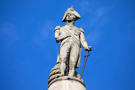 Photo for London, UK - February 19th 2024: The sculpture of Vice-Admiral Horatio Nelson ontop of Nelsons Column, located at Trafalgar Square in London, UK. - Royalty Free Image