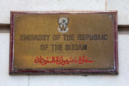 Photo for London, UK - February 19th 2024: A plaque at the entrance to the Embassy of the Republican of the Sudan on Cleveland Row in London, UK. - Royalty Free Image