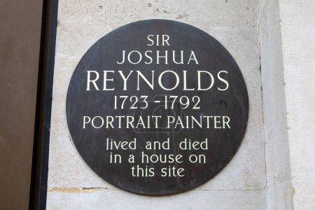 A plaque in Leicester Square, London, marking the location where famous portrait painter Sir Joshua Reynolds lived and died in the 18th century.