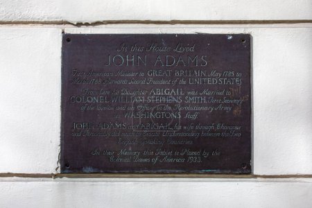 Photo for London, UK - February 26th 2024: A plaque on a building in Grosvenor Square, London, marking where founding father and 2nd President of the United States John Adams lived. - Royalty Free Image