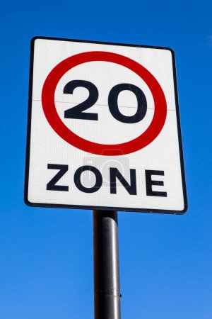Close-up of a 20mph zone in the United Kingdom.