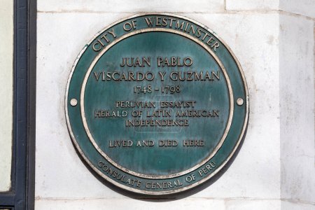 Foto de Londres, Reino Unido - 4 de marzo de 2024: Una placa en Baker Street en Londres, Reino Unido, marcando donde el ensayista peruano Juan Pablo Viscardo y Guzmán vivió y murió. - Imagen libre de derechos