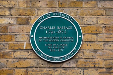 Téléchargez les photos : London, UK - March 18th 2024: A green plaque on Dorset Street in London, marking the location where famous Mathematician and pioneer of computing Charles Babbage lived. - en image libre de droit