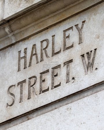 Close-up of a street sign for Harley Street in London, UK.