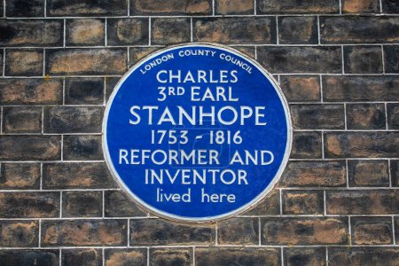 Photo for London, UK - March 18th 2024: Blue plaque on Mansfield Street in London, marking the location where reformer and inventor Charles Stanhope lived. - Royalty Free Image
