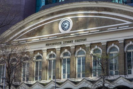 The exterior of Fenchurch Street Station in the city of London, UK.