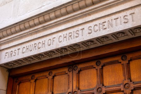 First Church of Christ Scientist sign at Cadogan Hall in London, UK. The building was a church of Christ Scientist but is now known as Cadogan Hall - a concert hall.