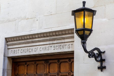 First Church of Christ Scientist sign at Cadogan Hall in London, UK. The building was a church of Christ Scientist but is now known as Cadogan Hall - a concert hall.