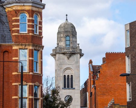 The tower of Cadogan Hall, viewed from Sloane Square in the Chelsea area of London, UK.