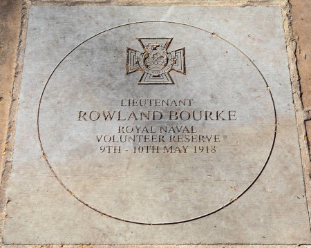 A stone plaque in Sloane Square, London, UK, dedicated to Lieutenant Rowland Bourke who won the Victoria Cross in May 1918 for his heroic actions during the Second Ostend Raid.