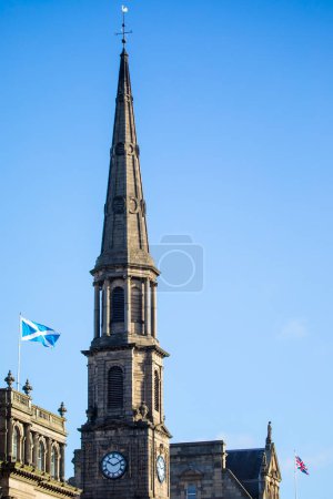 View of the spire of St. Andrews and St Georges West Church in Edinburgh, Scotland.