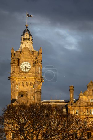 The tower of the historic Balmoral Hotel in the city of Edinburgh, Scotland.