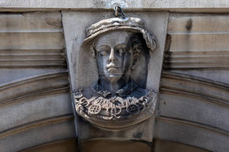 Relief sculpture of Edward VI, on the exterior of what used to be the Palace of Bridewell, then Bridewell Royal Hospital, and then Bridewell Prison in the City of London, UK.