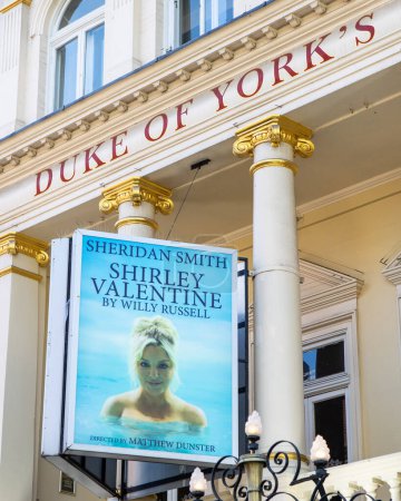 Photo for London, UK - April 20th 2023: The billboard on the exterior of the Duke of Yorks Theatre on St. Martins Lane in London, promoting the play Shirley Valentine. - Royalty Free Image