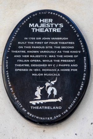 Photo for London, UK - April 20th 2023: A plaque on the exterior of Her Majestys Theatre, located on Haymarket in London, UK, detailing the history of the building. - Royalty Free Image