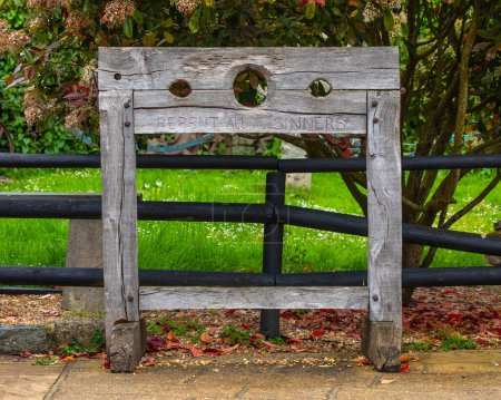 A pillory, also known by some people as Stocks, located in the village of Arreton, on the Isle of Wight, UK.