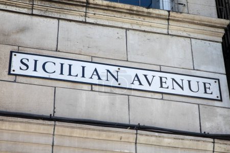 Street sign fo Sicilian Avenue - a pedestrian shopping parade in the Bloomsbury area of London, UK.
