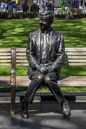 Photo for London, UK - May 26th 2023: A statue of comedy character Mr. Bean, sitting on a bench in Leicester Square in London, UK. - Royalty Free Image