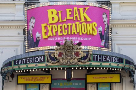 Photo for London, UK - May 26th 2023: The billboard on the exterior of The Criterion Theatre in London, promoting the comedy stage show Bleak Expectations. - Royalty Free Image