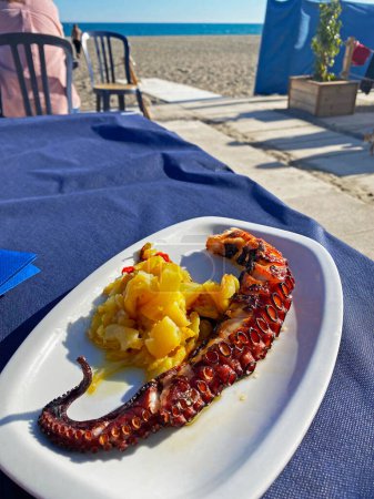 Un plat avec calmar dans l'un des cafés sur la plage d'Alamos à Torremolinos près de Malaga en Espagne