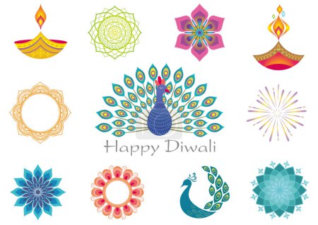 Ilustración de Happy Diwali colorido conjunto de iconos Rangoli aislado sobre un fondo blanco. - Imagen libre de derechos