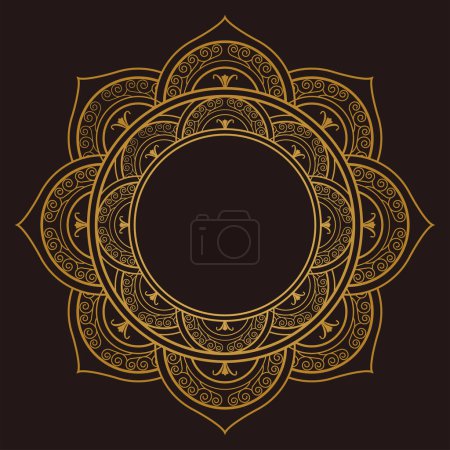 Gold Mandala Ornament Design mit einem Kreis in der Mitte isoliert auf einem dunklen Hintergrund.