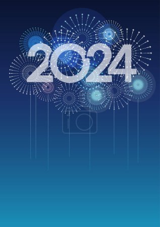 Téléchargez les photos : Logo de l'année 2024 et feux d'artifice avec espace texte sur fond bleu. Illustration vectorielle Célébration du Nouvel An. - en image libre de droit