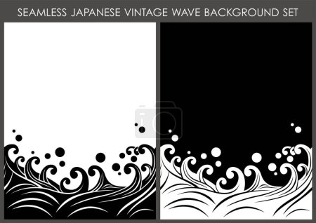 Illustration for Japanese Vintage Seamless Wave Pattern Set With Text Space. Vector Illustration. Horizontally Repeatable. - Royalty Free Image