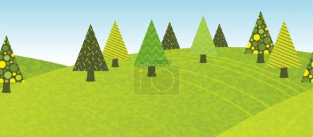 Vector Seamless Hilly Spring Forest Background Illustration. Horizontally Repeatable.