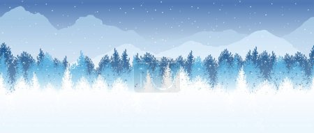 Vector Seamless Winter Forest Background Illustration With Snow-Covered Mountains In The Background. Horizontally Repeatable.