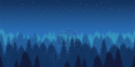 Vector Seamless Night Forest Background Illustration With The Starry Sky. Horizontally Repeatable.